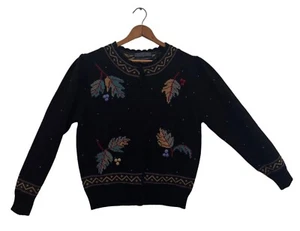 Vtg. Herman Geist Sweater Medium Cardigan Leaf Hand Embroidered 0350 - Picture 1 of 7