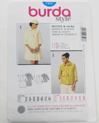 Burda 7497 Misses Coat and Jacket Sewing Pattern Sizes 6-18 - Image 1 of 3