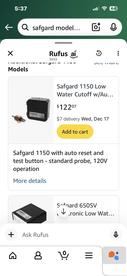 Hydrolevel Safgard 1150 120vac Low Water Cut off With Test Button