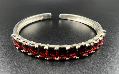 925 STERLING SILVER RED GARNET HINGED CUFF BRACELET 7" - Image 1 of 4