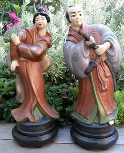 Vintage 1950s Japanese Coloured Chalk Ware Samurai & Geisha figures on Stands - Picture 1 of 12