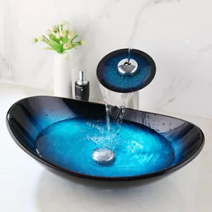 Oval Blue Black Bathroom Glass Vessel Sink Basin Waterfall Mixer Tap Drain Unit - Picture 1 of 8