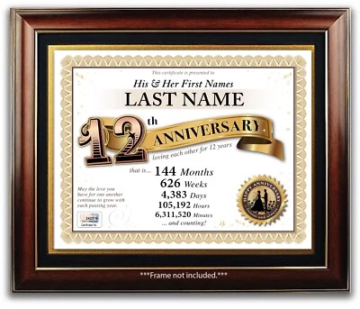 CERTIFICADO PERSONALIZADO FELIZ 12 ANIVERSARIO BODA - 12 AÑOS REGALO PRESENTE Foto 1 de 2