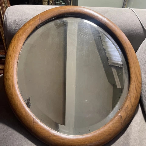 Vintage Framed Oval Beveled Mirror Oak Wood 18.5"  x 16” Beveled Glass Cover
