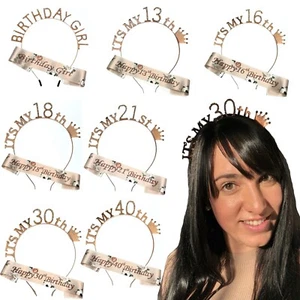 13-80 ROSE GOLD BIRTHDAY TIARA & SASH SET HEADBAND CROWN RHINESTONE GIRLS PARTY - Picture 1 of 16