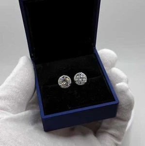 Pendientes de diamantes con halo, 4 tachuelas redondas CTW, oro de 14 quilates cultivado en laboratorio certificado, 2 quilates Ea - Imagen 1 de 8