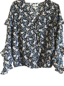 Max Studio Wrap Ditsy Floral V-Neck Ruffle Long Sleeve Blouse SIZE M - Picture 1 of 7