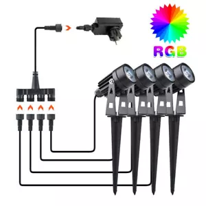 4Pcs LED Garden Spike Lights Mains RGB Outdoor Spotlight + Remote Path Lighting - Picture 1 of 14