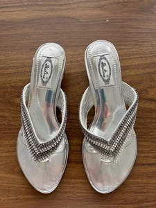 Italina shoes sandals size 8 sparkly beads silver 1" heel thong flip flop - Picture 1 of 5