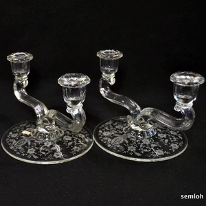 Viking Pair 2 Lite Candlesticks Princess Prelude Etching Clear Crystal 1952-1974 - Picture 1 of 12