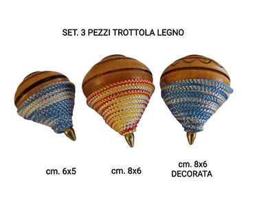 SET. 3 PEZZI TROTTOLA LEGNO VINTAGE 1 PZ CM 6X5 1 PZ CM 8X6 1 PZ CM 8X6 DECORATA - Immagine 1 di 4