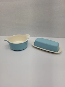 MCM China Covered Butter Dish & Gravy / Serving Bowl Tropical Blue & Off White - Picture 1 of 18