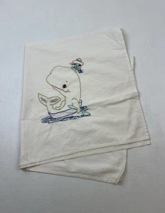 Vtg MCM Flour Sack Dish Kitchen Towel Embroidered WHALE Large White Cute Novelty - Picture 1 of 3