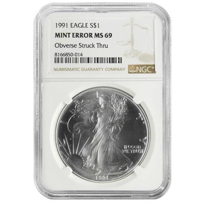 1991 $1 American Silver Eagle NGC MS69 Mint Error Obverse Strike Thru - Image 1 of 2