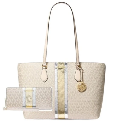 NWT Michael Kors Tote Bag & Wallet / Wristlet Sheila Large Signature & Metallic - Image 1 of 4