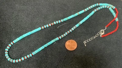 Ethnic genuine turquoise heishi /red seed bead necklace/20-22"(t317e-w0.5) - Image 1 of 2