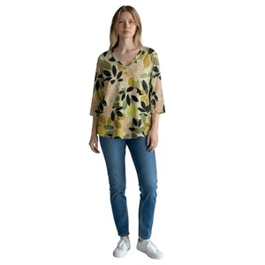 Rachel Zoe 1X 100% Leinen Top Blumen Blätter Print V-Ausschnitt 3/4 Arm Boho Tunika - Bild 1 von 9