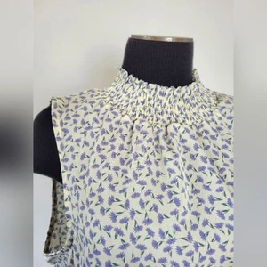 Purple Floral Camisole Tank Top High Neck Smocked Lavender Cottage Office L - Picture 1 of 10