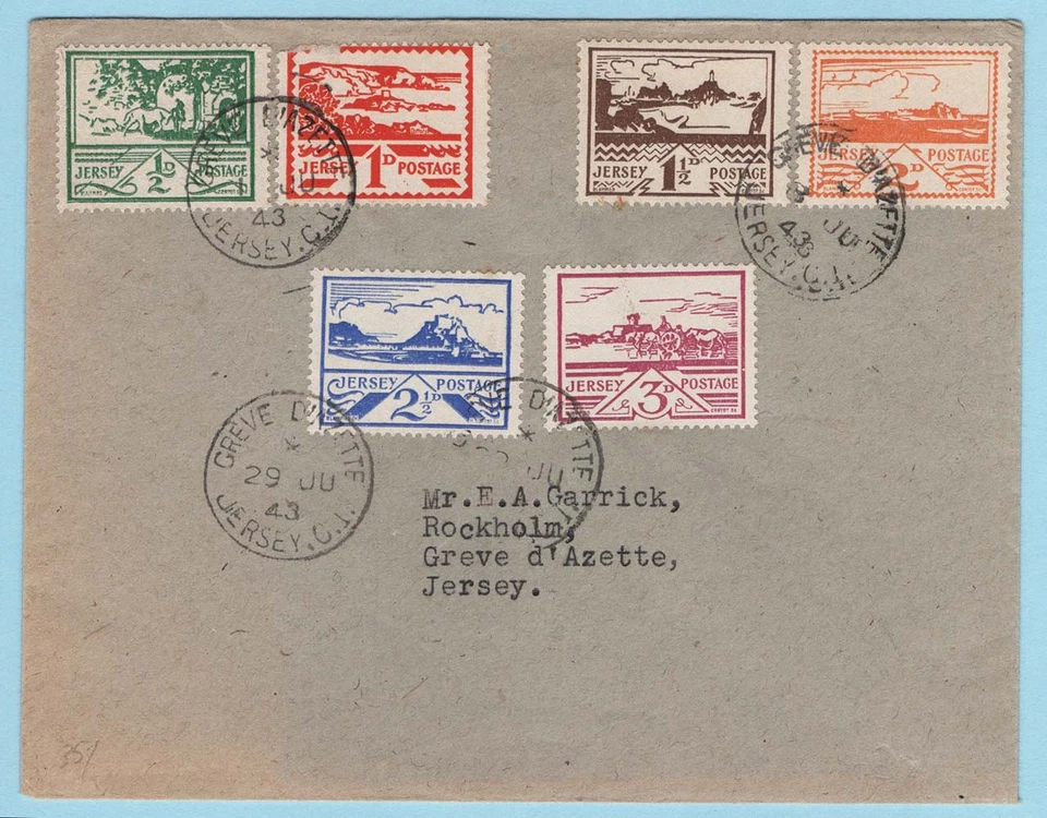 Jersey 1943 Views set of 6 on cover FDC with the 3 different dates, 1d with - Image 1 of 1