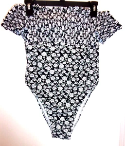 XHILERATION One Piece Swimsuit Black/White Off Shoulder Floral Size Large=NWT - Picture 1 of 7