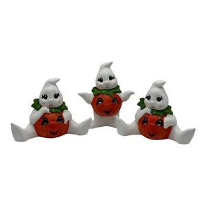 Vintage Set 3 Ceramic Cute Pumpkin Belly Ghosts Halloween Decor  4” And 5” Tall - Picture 1 of 11