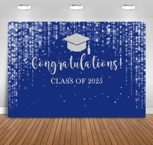 Blue and Sliver Graduation Backdrop Congratulations Class of 2025 Photography Ba - Picture 1 of 19