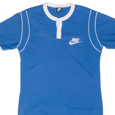 VINTAGE NIKE CLASSIC SWOOSH HENLEY BLUE TEE SHIRT 1980S MEDIUM MADE IN USA - Image 1 of 4