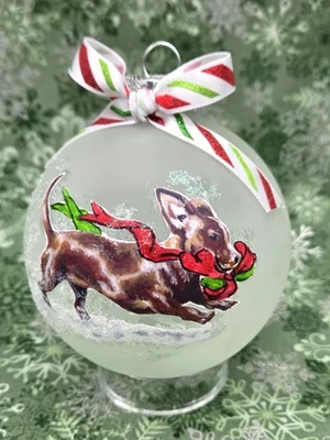 Christmas ornament - OOAK naughty Dachshund Weiner puppy dog stealing ribbon - Image 1 of 4