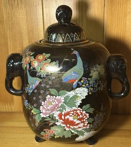 Jarrón de porcelana negro Japón de colección tarro de popurrí de jengibre con tapa cloisonné pintado a mano - Imagen 1 de 19