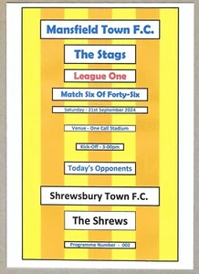 MANSFIELD TOWN v SHREWSBURY TOWN 21.09.24 LEAGUE ONE MATCH PROGRAMME - Picture 1 of 3
