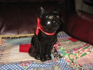 Lionstone-Black Cat figurine-9 inches tall-glass eyes-red ribbon - Picture 1 of 6
