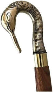 Victorian Antique Brass Swan Head Handle Brown Wooden Walking Stick Cane Vintage - Picture 1 of 4