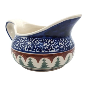 Boleslawiec Polish Pottery Gravy Boat Sauce Blue w/Hand Painted Green Pine Trees - Picture 1 of 7