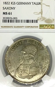 German States Saxony 1822 IGS Taler Coin NGC MS 61 VZ/F.STG Thaler MINING UNC  - Picture 1 of 3
