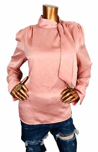 Worthington L Top NWT $44 Blush Silky Blouse Neck Tie Shirt Long Sleeve Soft - Picture 1 of 9