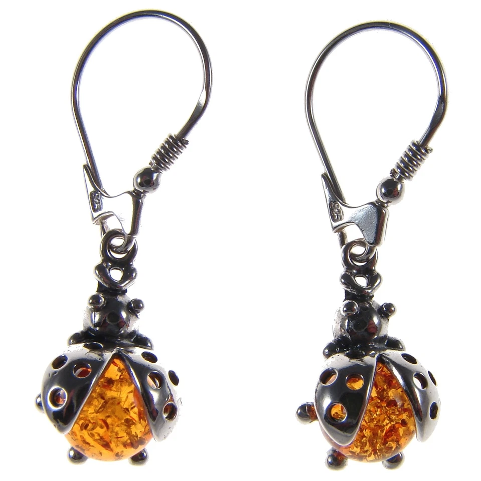 ORANGE BALTIC AMBER STERLING SILVER 925 LADYBIRD DROP DANGLING HOOPS EARRINGS — 第 1/1 张图片