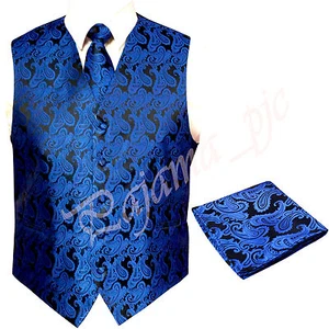 Royal Blue XS to 6XL Paisley Tuxedo Suit Dress Vest Waistcoat & Neck tie Hanky  - Picture 1 of 4