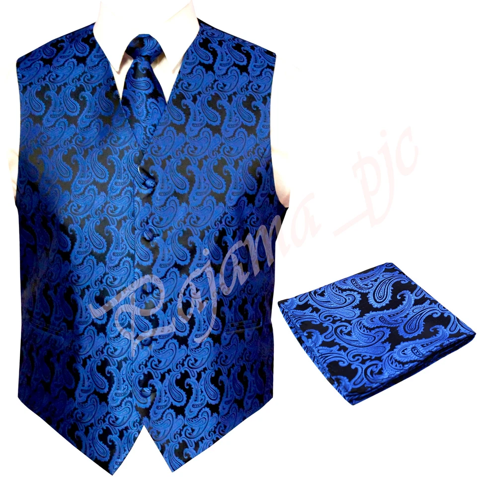 Royal Blue XS to 6XL Paisley Tuxedo Suit Dress Vest Waistcoat & Neck tie Hanky  - Image 1 of 4