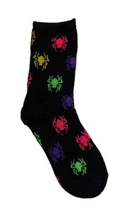 Halloween Sparkly Crew Sock ~ Size 9-11 (Bright and Colorful Spiders on Black) - Picture 1 of 1
