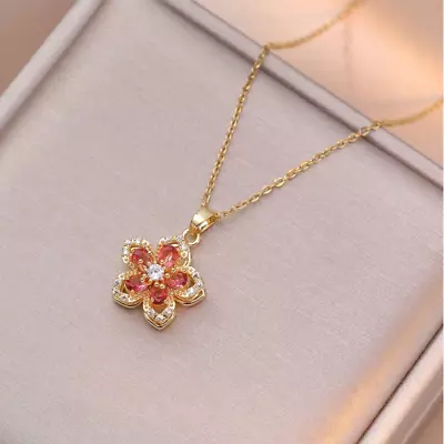 Womens Necklace Rotatable Flower Pendant 18K Gold Plated Stainless Steel Jewelry - Image 1 of 4