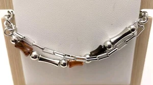 NEW LOVELY STAINLESS STEEL & FAUX AMBER BAMBOO BEAD & SILVER TONE CHAIN BRACELET - Picture 1 of 6