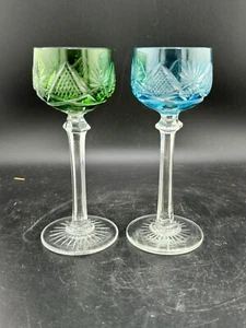 Pair Of Val Saint Lambert Crystal Blue & Green Cordial Glasses 4.75”  - Picture 1 of 18