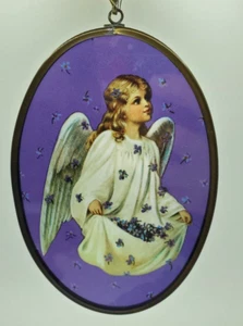 Vintage Glass Reverse Suncatcher Angel Art Oval Frame - Picture 1 of 5