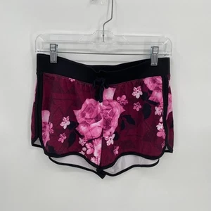 Justice Active Pink Floral Black Trim Workout Shorts Elastic Waist 14/16 plus - Picture 1 of 5