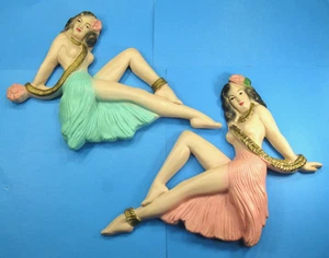 Set of 2 Vintage Hula Girl Chalkware Wall Hangings Plaques Hawaiian Risque HTF - Picture 1 of 17