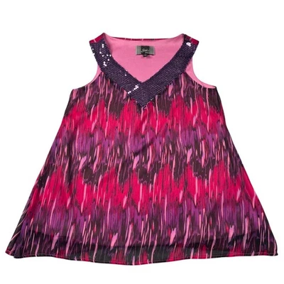 Camiseta sin mangas Slinky Brand para mujer XS rosa púrpura estampado gasa lentejuelas cuello en V forrada Foto 1 de 4