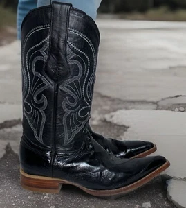 Los Altos Men’s Size 7 EE Wide Genuine Eel skin Long Toe Cut Toe Black Boots - Picture 1 of 13