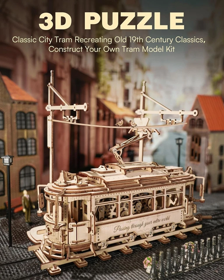 ROKR Classic City Tram Car 3D Wooden Puzzle Model Kit Kids Toys Adult Xmas Gifts - Image 1 of 4