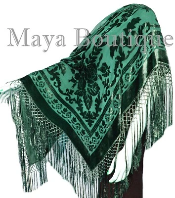 Emerald Green Piano Shawl Wrap Fringed Scarf Silk Burnout Velvet Maya Matazaro - Image 1 of 4