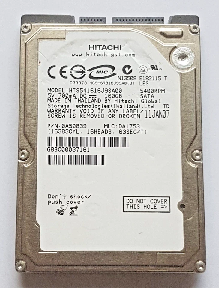 160 GB SATA Hitachi HTS541616J9SA00 5400RPM 8MB HDD 2.5" Internal Hard Drive - Image 1 of 1